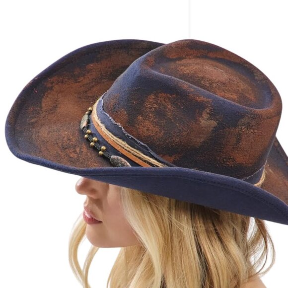 Distressed Vintage Designed Cowboy Cowgirl Hat Western Fedora Hat - Picture 3 of 6